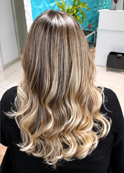 Cabelo loiro comprido com madeixas e ondas, visto de costas